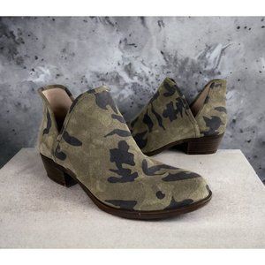 Lucky Brand Bashina2 Camo Ankle Boots V Cut Out Sides Tan Green